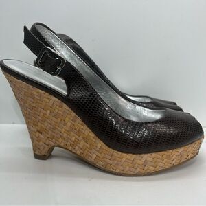 Banana Republic Black Croc Ankle Strap Open Toe Slingback Wedge Shoes